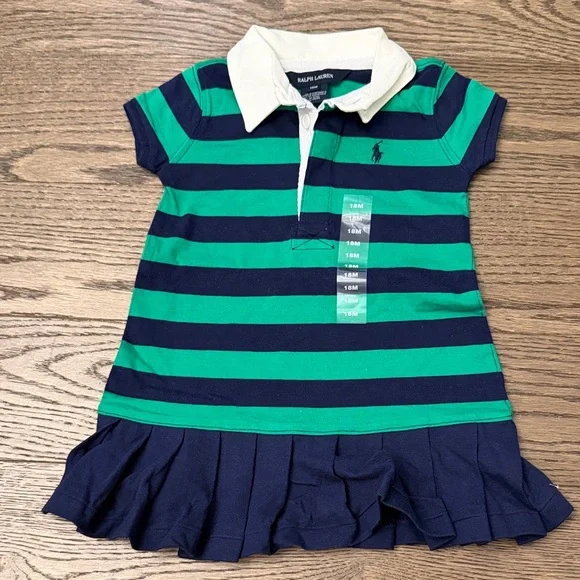 NWT Ralph Lauren Kids Polo Dress in Green and Navy Stripes - Picture 1 of 2